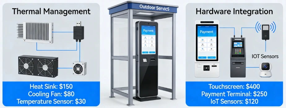 Outdoor IP65 rated self-service kiosk deployment showing thermal management and hardware integration costs